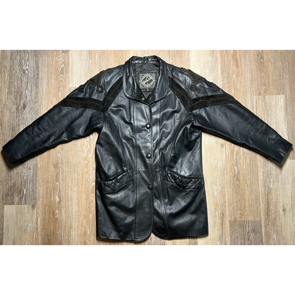 winlit leather jacket womens button down embroidered black Medium